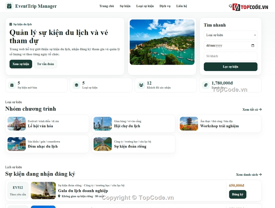 web quản lý,quản lý du lịch,sự kiện